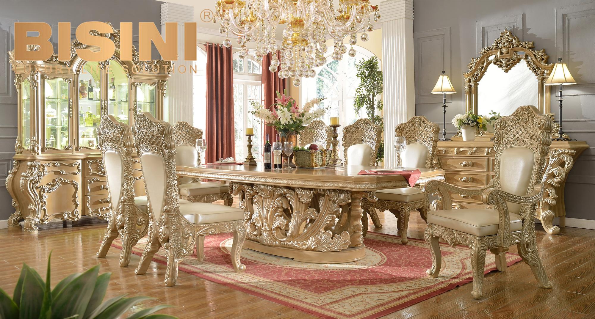 Luxurious Champagne Gold Silver Leaf Rectangle Hand Carving Dining Table Set Royal Home Furniture