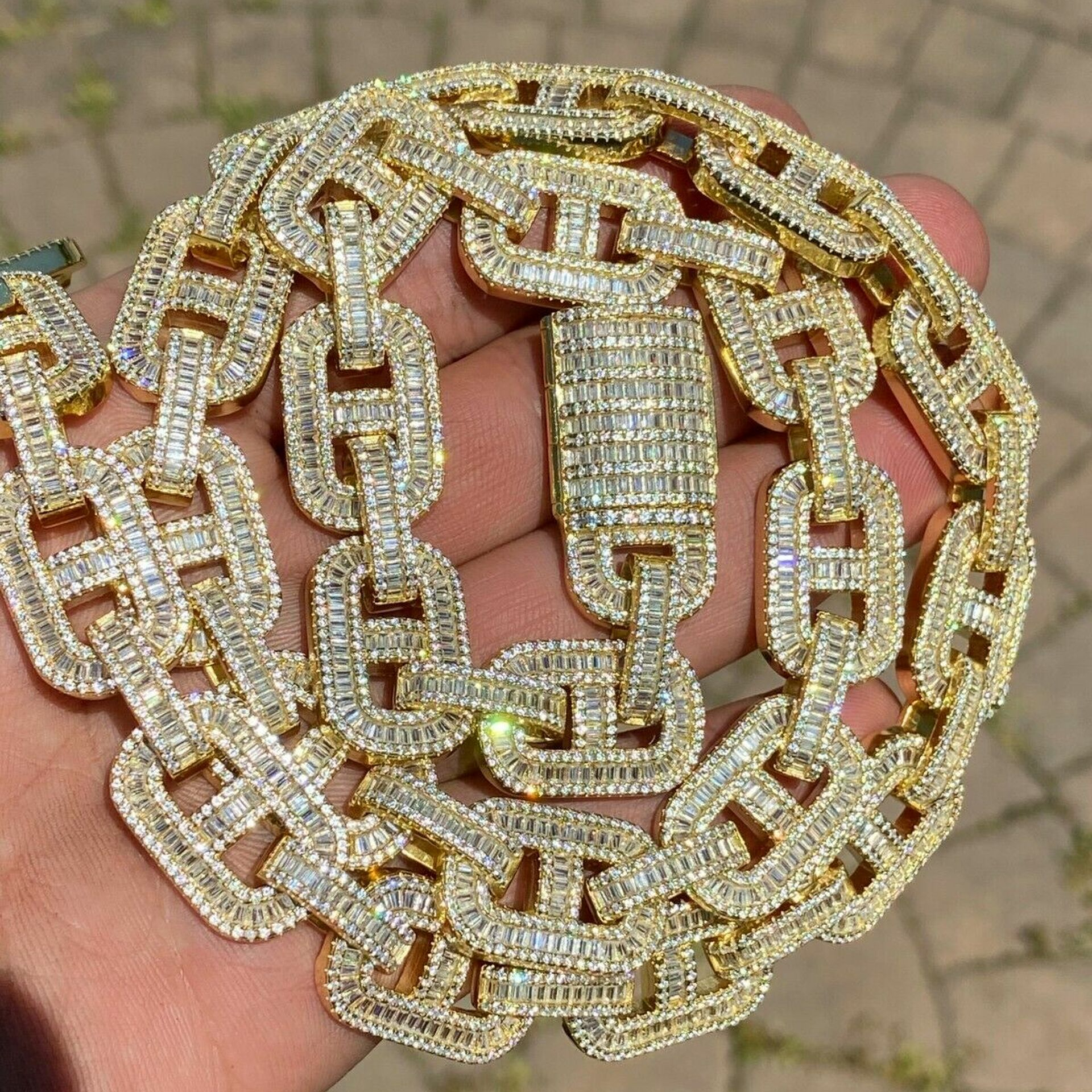 Ritzin 14k Yellow Gold Over Baguette Shape Moissanite Diamond Link Chain Iced Out Bling Jewelry Chai