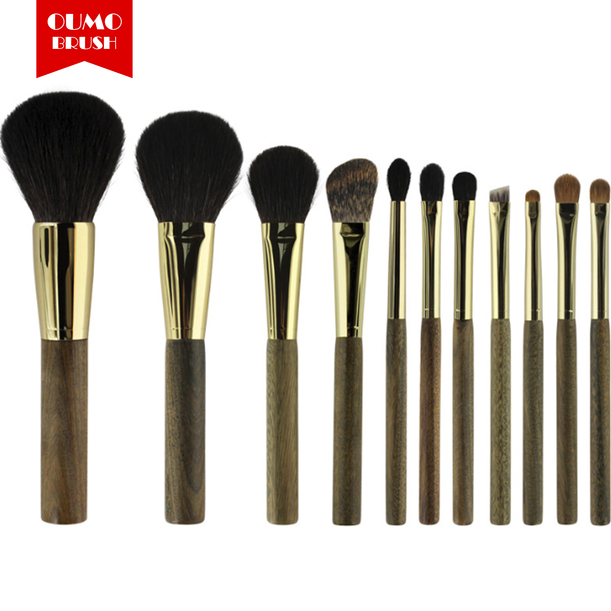OUMO- 11pcs luxury grey squirrel hair green sandalwood handle makeup brush set with private label  n