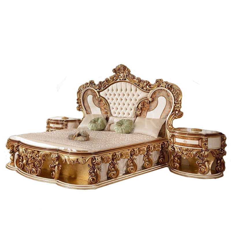 Hand Made Carved Solid Wood Beds Furniture Super King Size Bed Royal Design European Golden Bedroom 