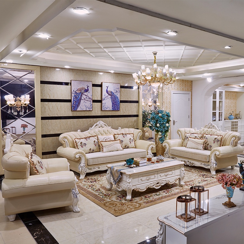 3 2 1 Seater Leather Sofa Set Living Room Furniture Antique Solid wooden Carved Frame 7 seater sofa 